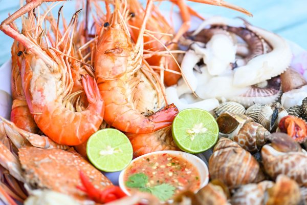 seafood platter with shrimp. clams, and octopus